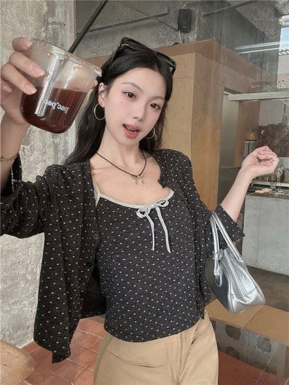 【F60735】甜美碎花・針織小外套+蝴蝶結細肩帶背心260928