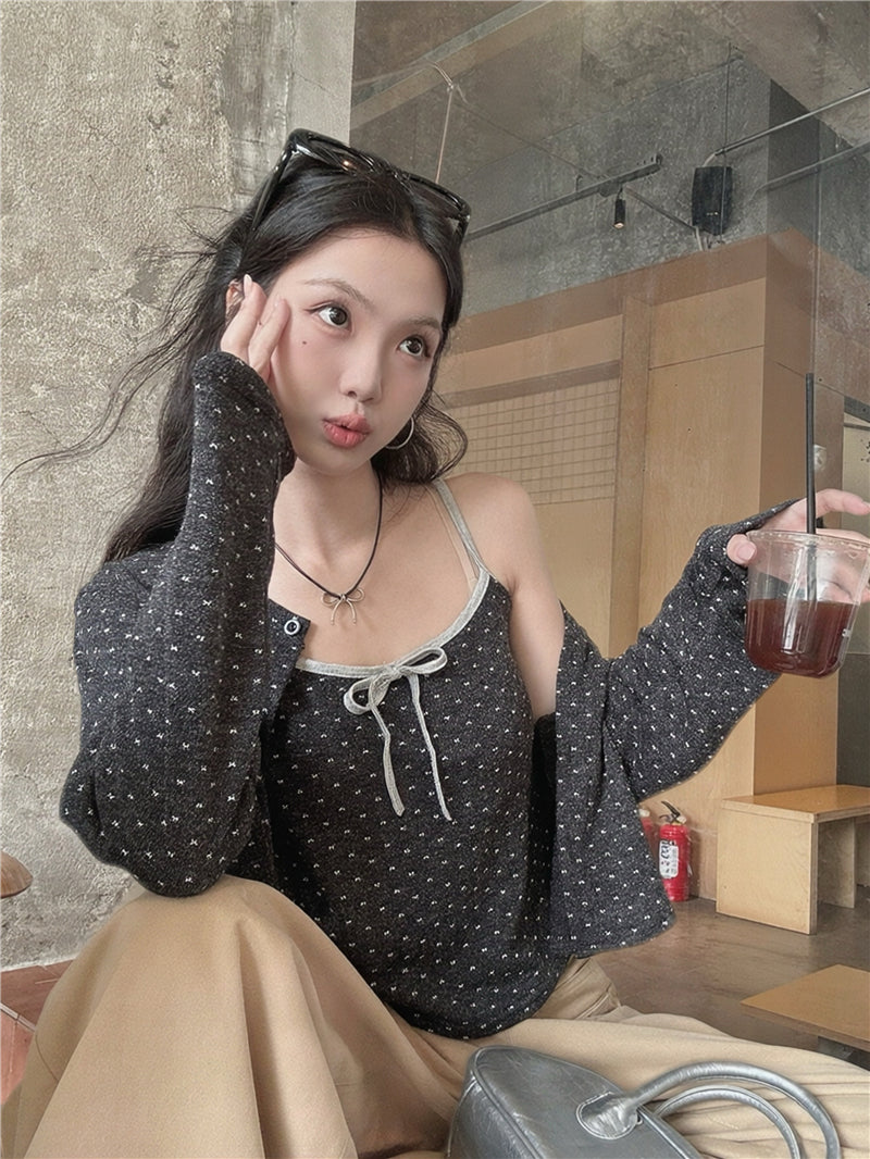 【F60735】甜美碎花・針織小外套+蝴蝶結細肩帶背心260928