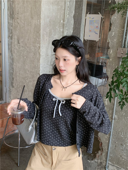 【F60735】甜美碎花・針織小外套+蝴蝶結細肩帶背心260928