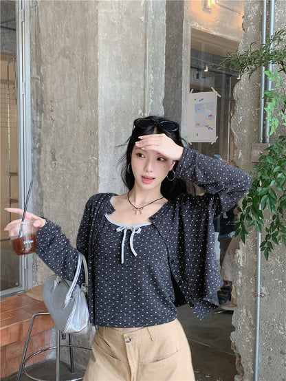 【F60735】甜美碎花・針織小外套+蝴蝶結細肩帶背心260928