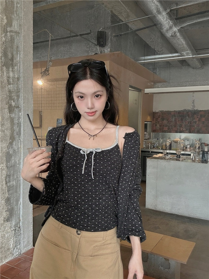 【F60735】甜美碎花・針織小外套+蝴蝶結細肩帶背心260928