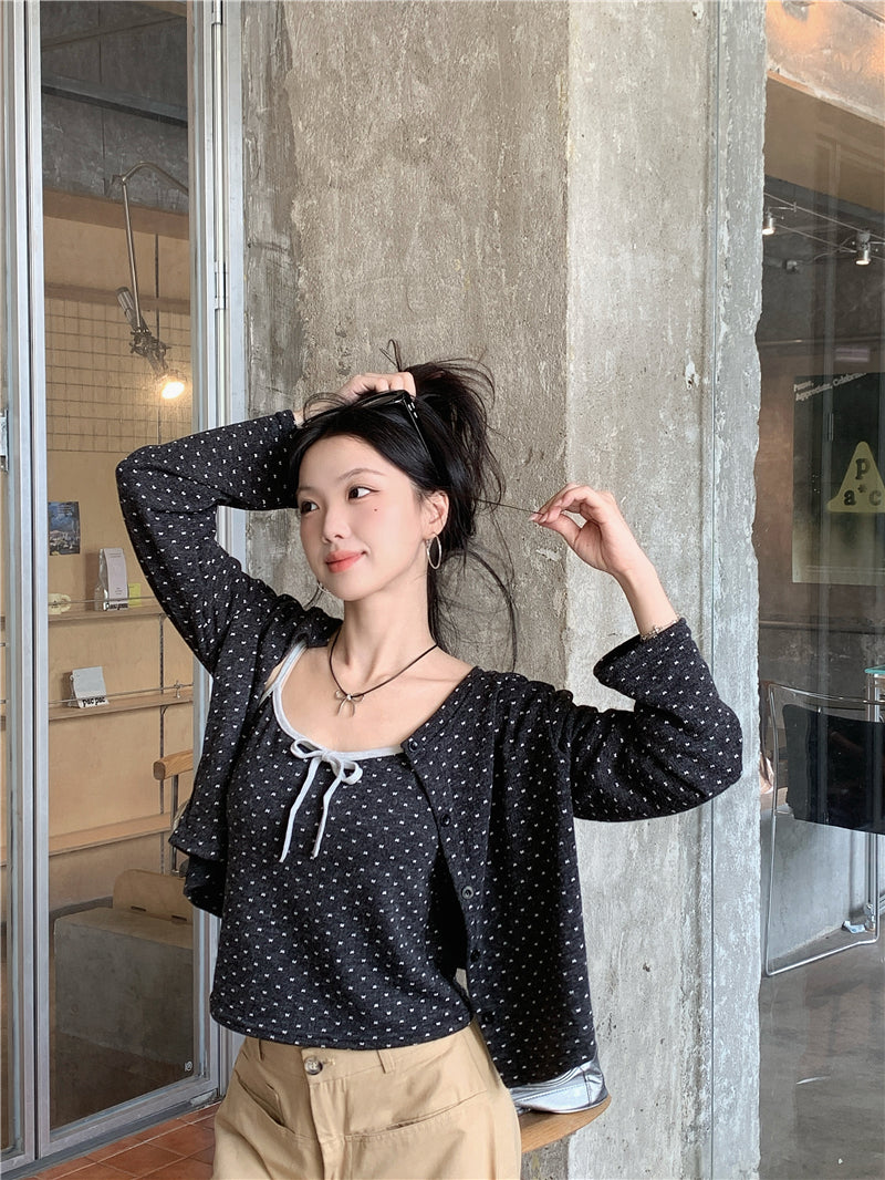 【F60735】甜美碎花・針織小外套+蝴蝶結細肩帶背心260928