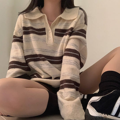 【F60698】復古慵懶・寬鬆條紋長袖針織衫260914