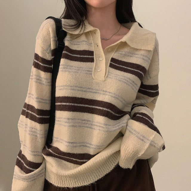 【F60698】復古慵懶・寬鬆條紋長袖針織衫260914