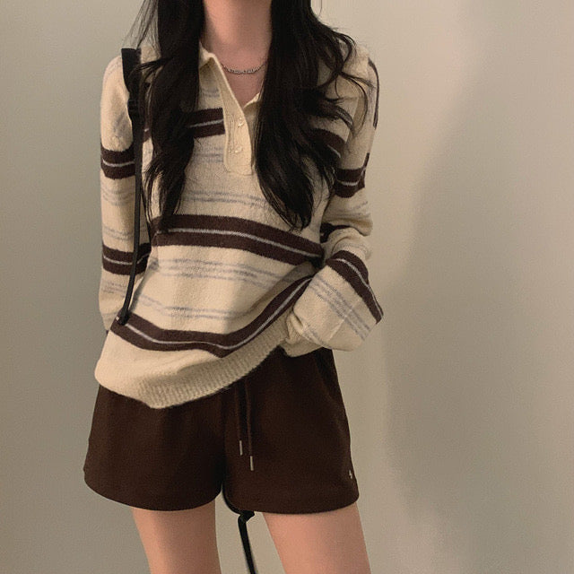 【F60698】復古慵懶・寬鬆條紋長袖針織衫260914