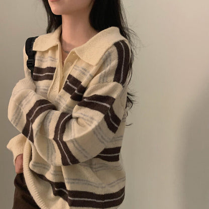 【F60698】復古慵懶・寬鬆條紋長袖針織衫260914
