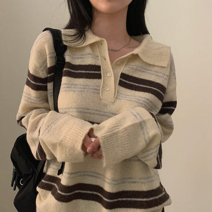 【F60698】復古慵懶・寬鬆條紋長袖針織衫260914