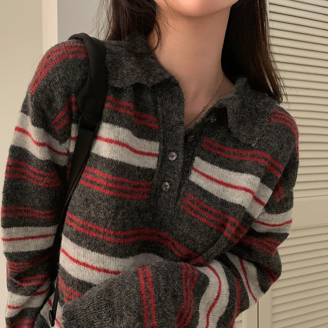 【F60698】復古慵懶・寬鬆條紋長袖針織衫260914
