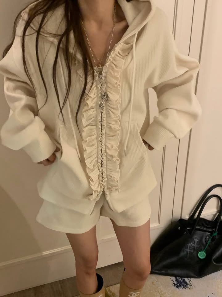 【F60747】韓系休閒・木耳邊連帽休閒外套＋短褲260928