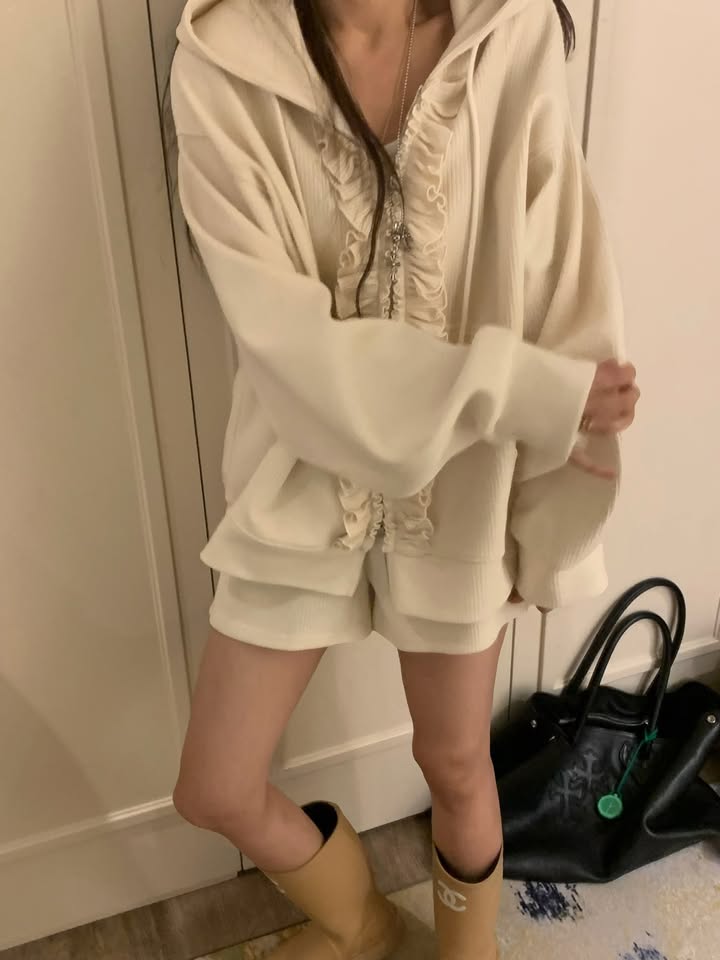 【F60747】韓系休閒・木耳邊連帽休閒外套＋短褲260928