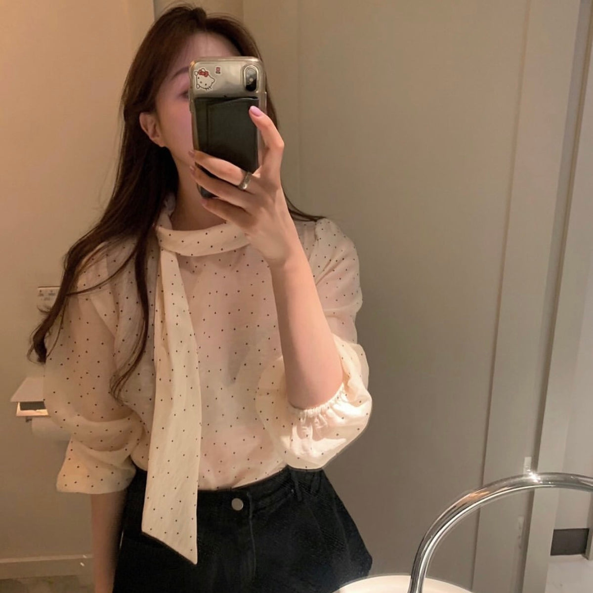 【F60700】復古甜美・點點飄帶長袖襯衫260914