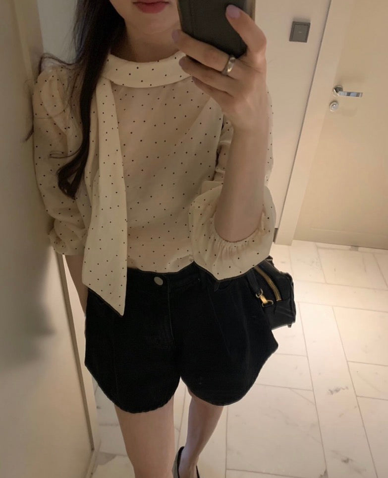 【F60700】復古甜美・點點飄帶長袖襯衫260914