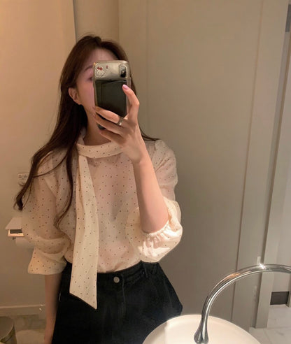 【F60700】復古甜美・點點飄帶長袖襯衫260914