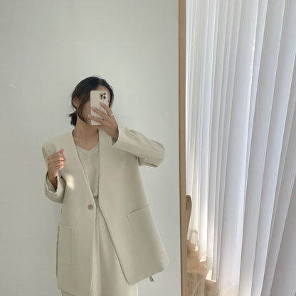 【F60691】氣質通勤西裝外套＋西裝高腰開衩裙（後鬆緊腰） 套裝260914