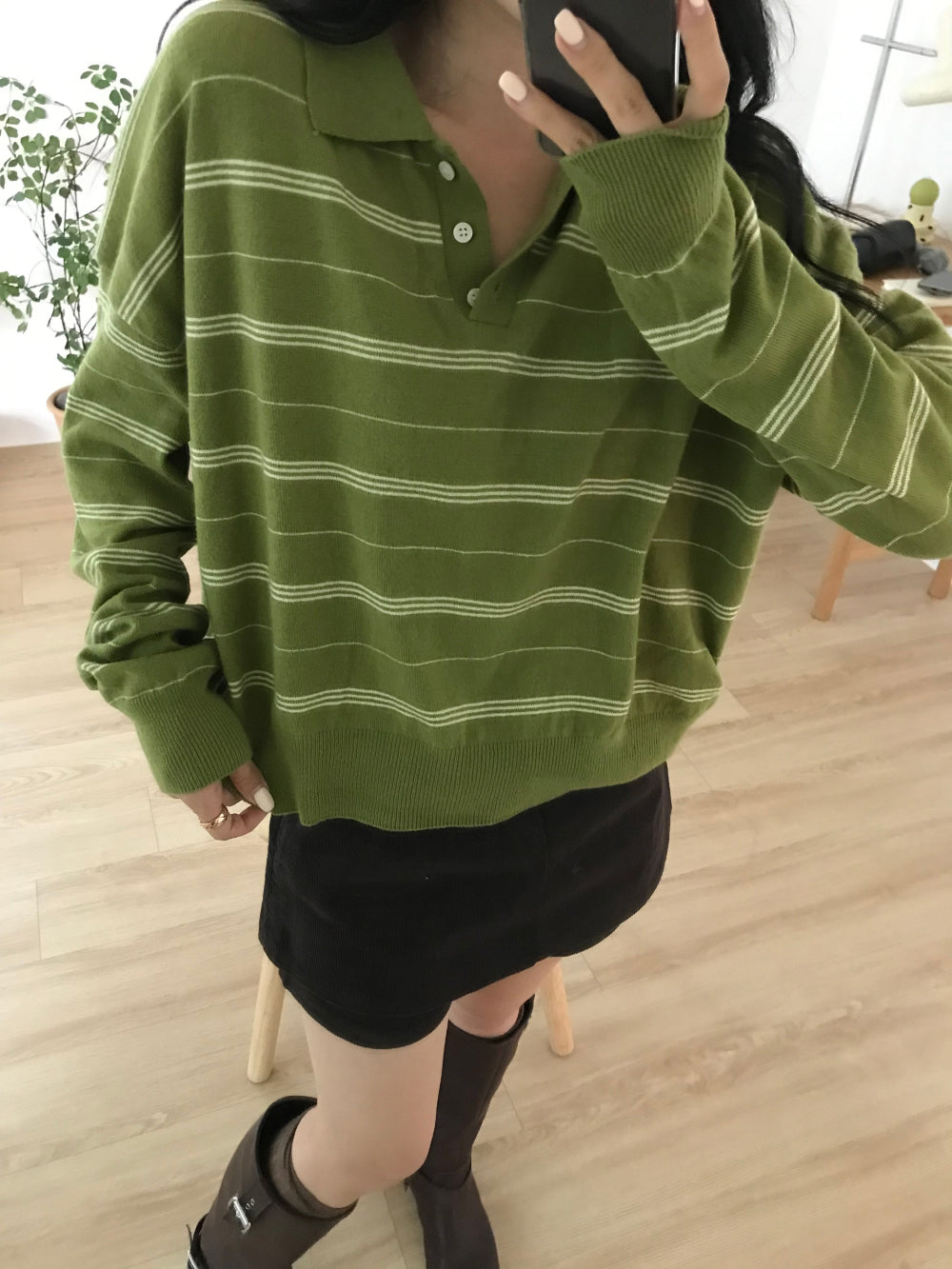 【F60690】復古慵懶・條紋寬鬆長袖針織衫260914