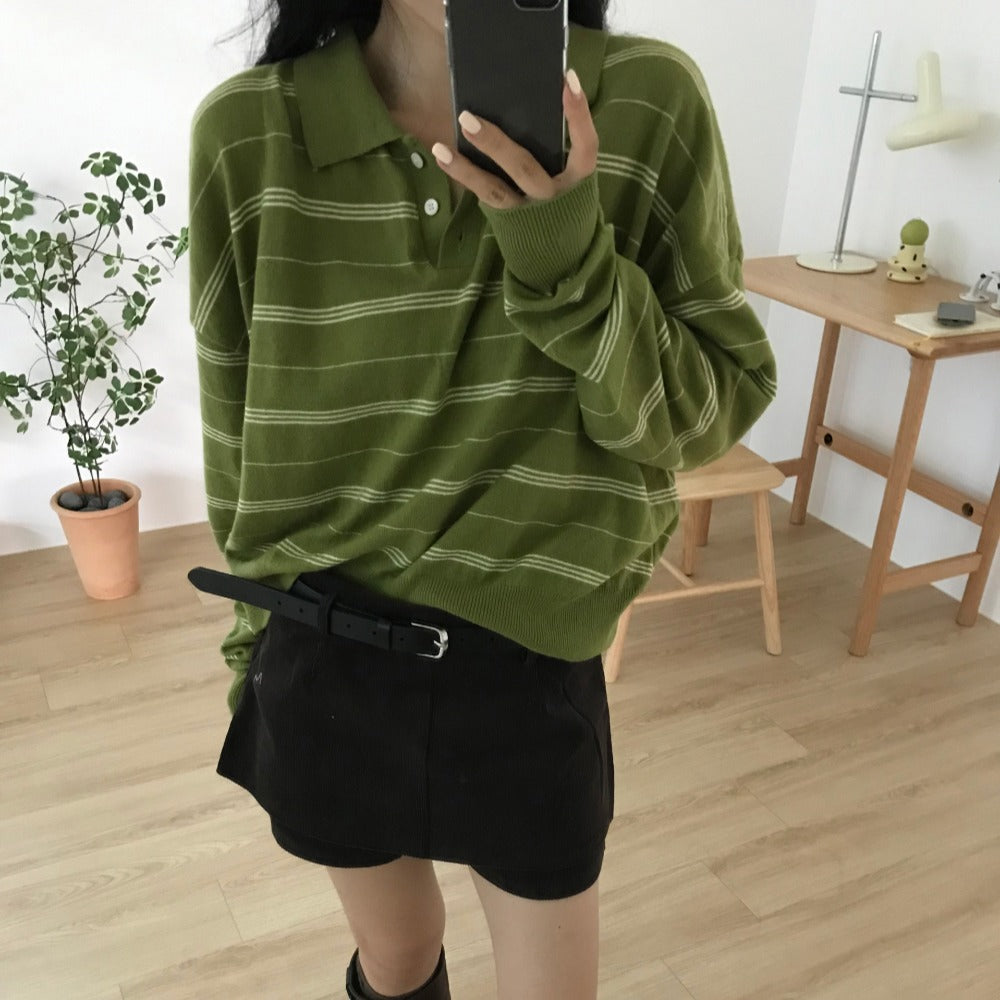 【F60690】復古慵懶・條紋寬鬆長袖針織衫260914