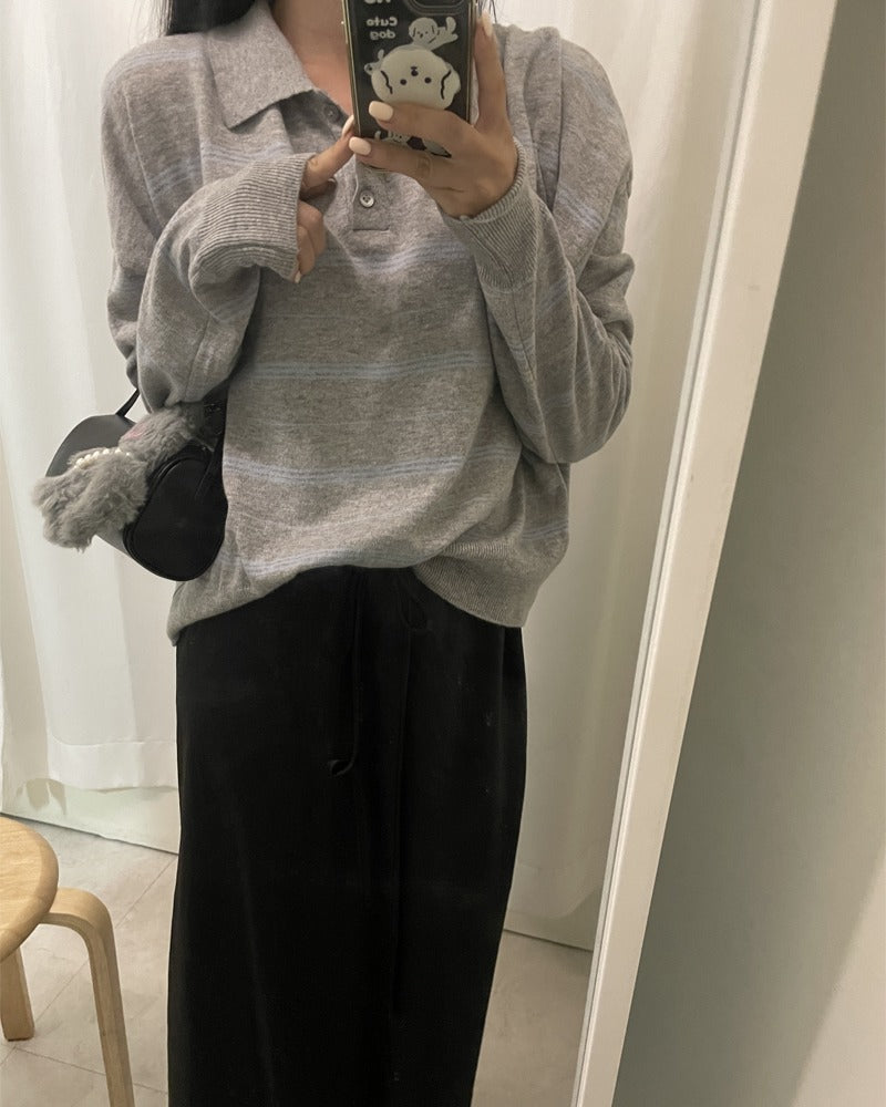 【F60690】復古慵懶・條紋寬鬆長袖針織衫260914