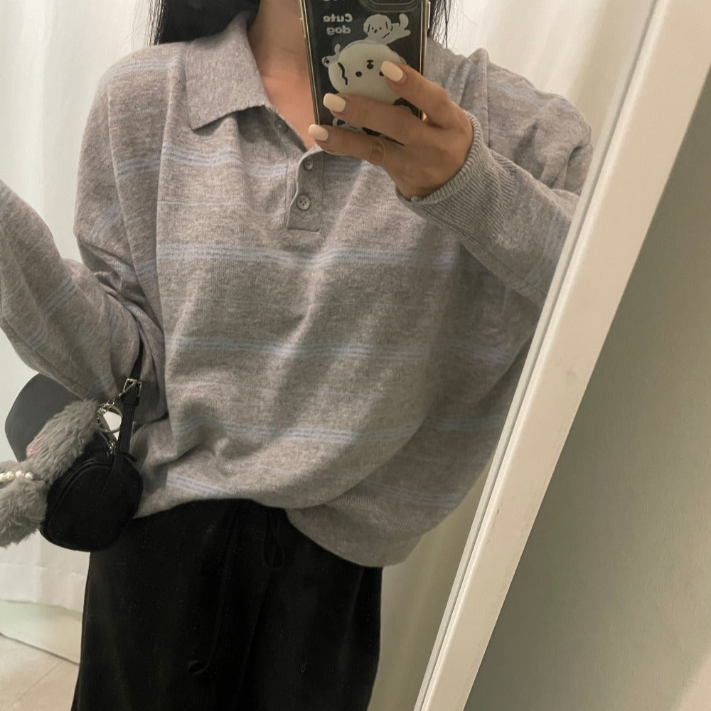 【F60690】復古慵懶・條紋寬鬆長袖針織衫260914