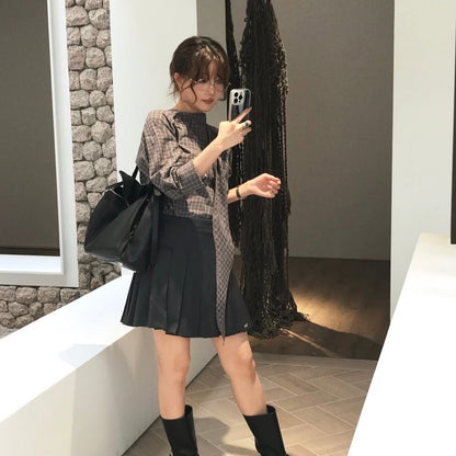 【F60689】復古氣質・格紋飄帶長袖襯衫260914