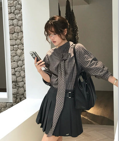 【F60689】復古氣質・格紋飄帶長袖襯衫260914