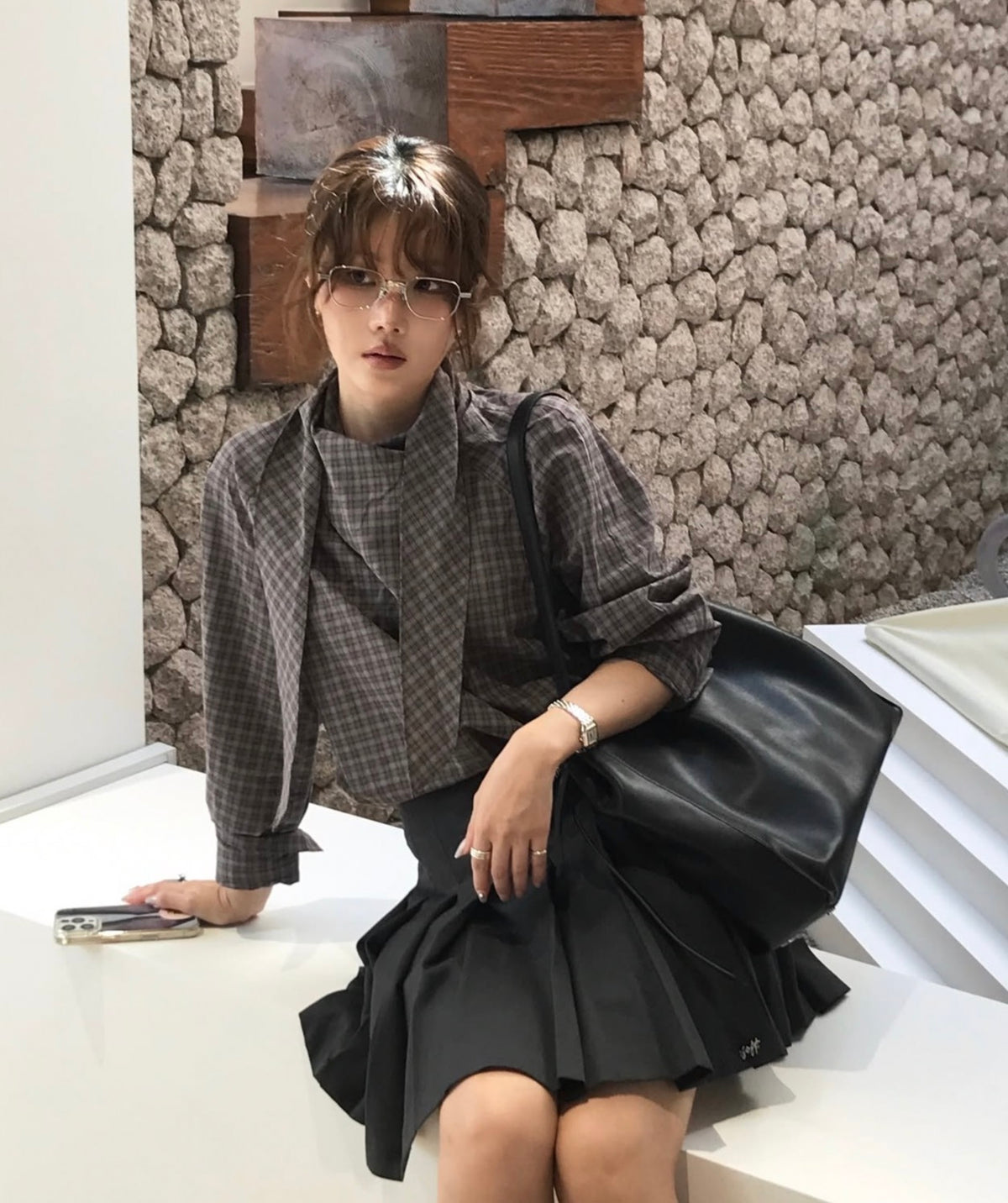 【F60689】復古氣質・格紋飄帶長袖襯衫260914