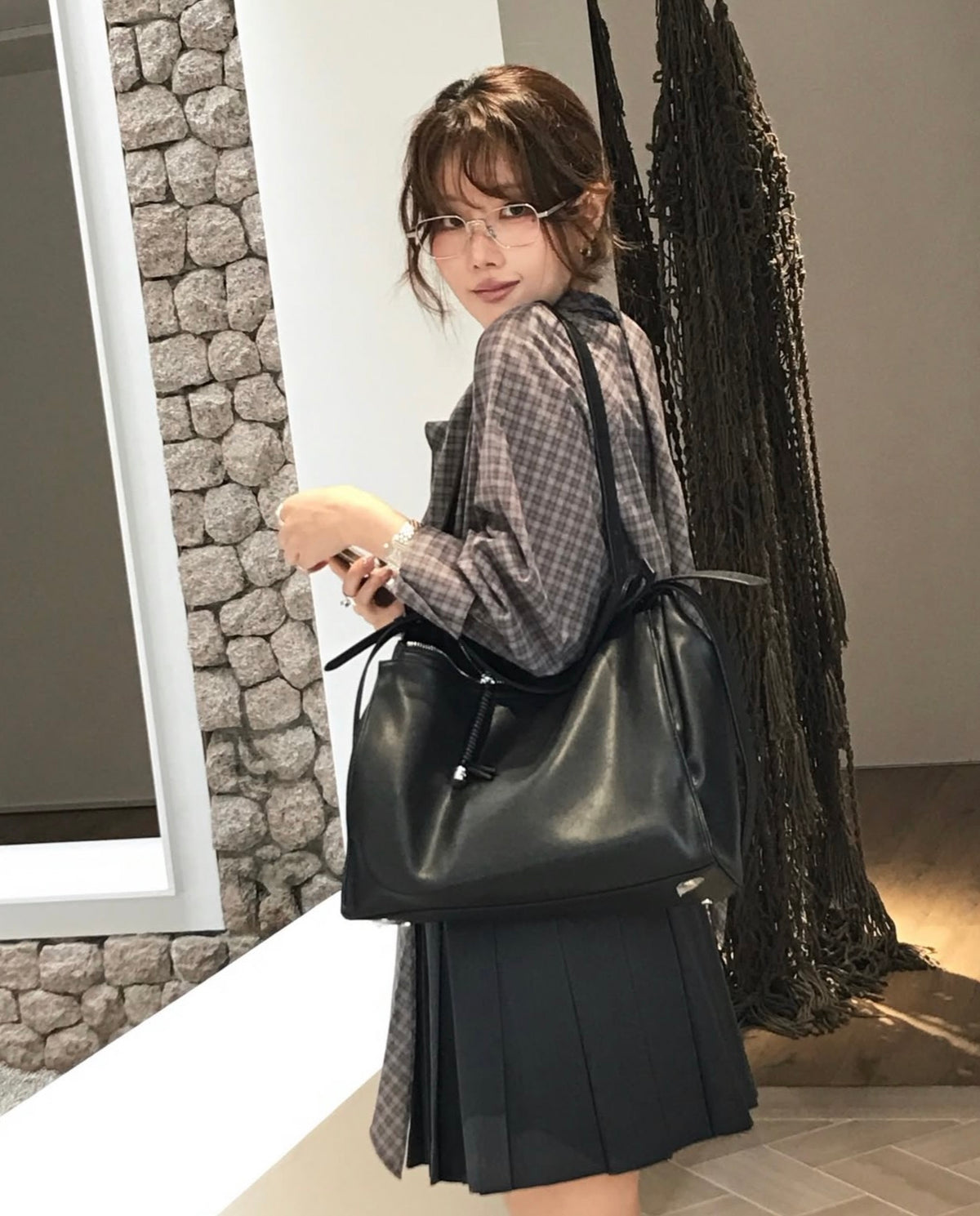 【F60689】復古氣質・格紋飄帶長袖襯衫260914
