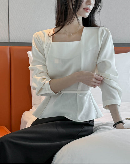 【F60741】法式氣質・方領綁帶縮腰粗紡上衣260928