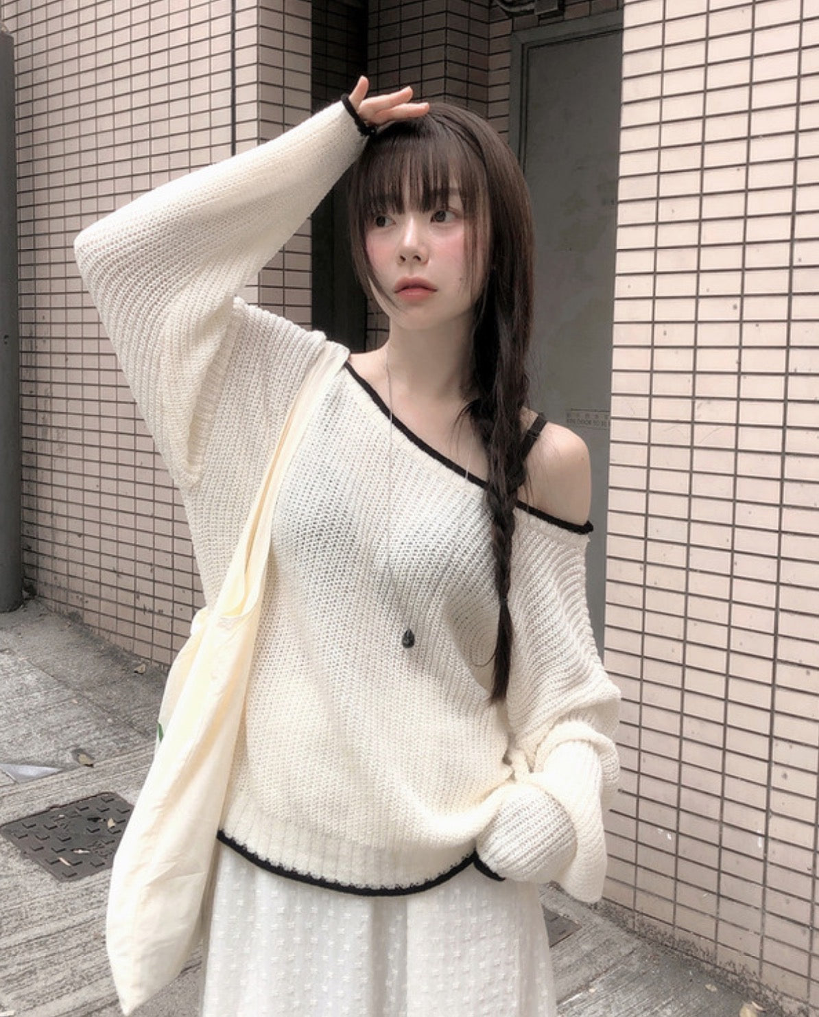 【F60714】學院風率性・拼色露肩寬鬆針織毛衣260914