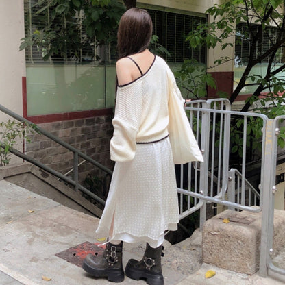 【F60714】學院風率性・拼色露肩寬鬆針織毛衣260914