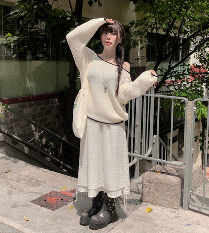 【F60714】學院風率性・拼色露肩寬鬆針織毛衣260914