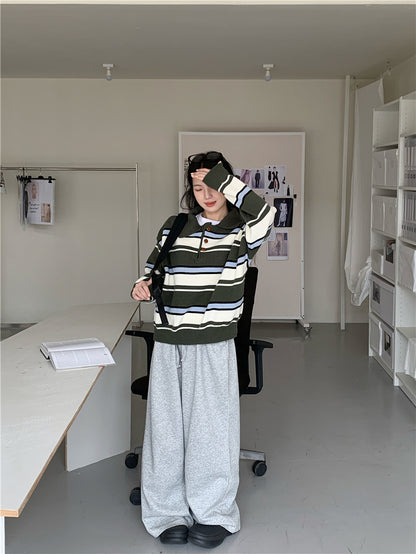 【F60734】復古撞色・翻領條紋寬鬆針織上衣260928