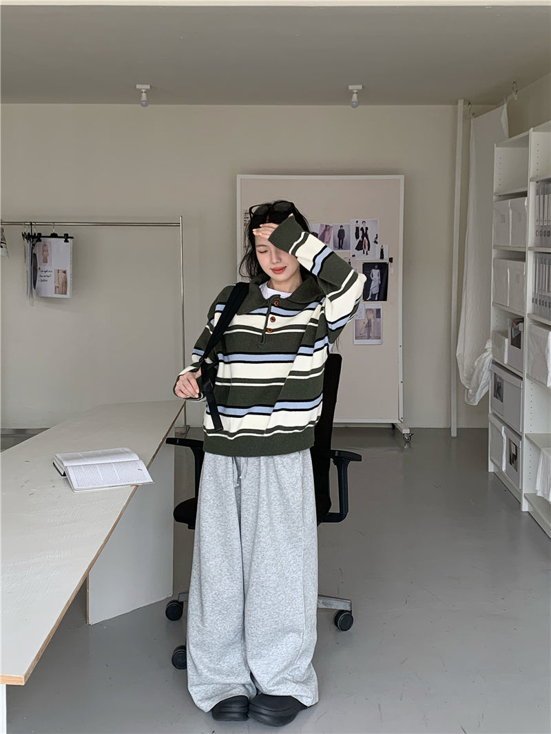【F60734】復古撞色・翻領條紋寬鬆針織上衣260928