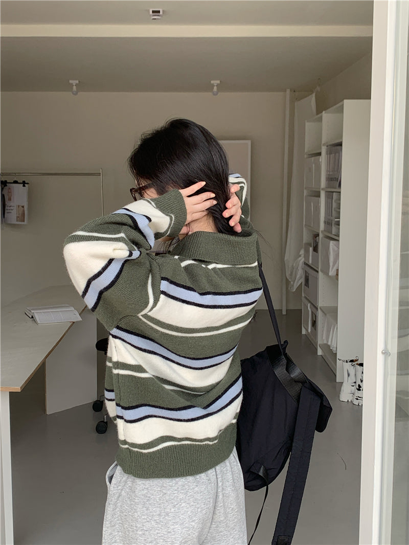【F60734】復古撞色・翻領條紋寬鬆針織上衣260928