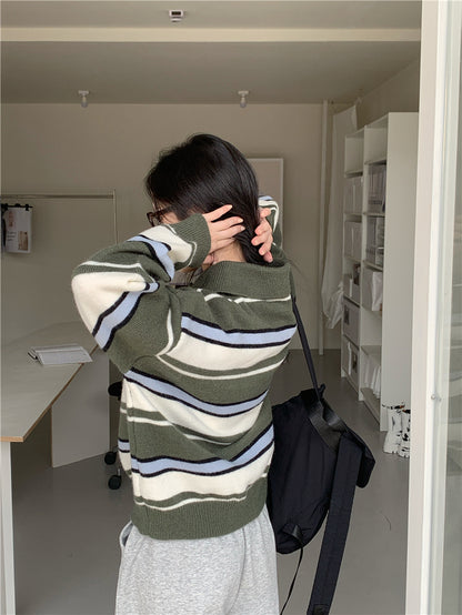 【F60734】復古撞色・翻領條紋寬鬆針織上衣260928