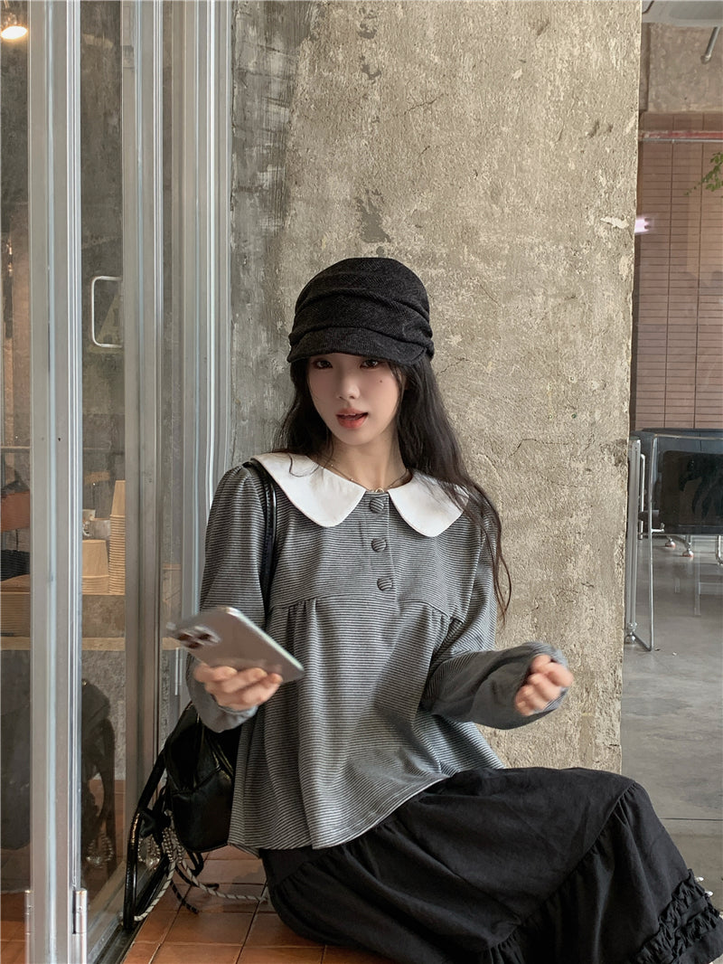 【F60730】甜美撞色・娃娃領套頭上衣260928