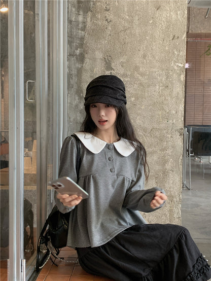 【F60730】甜美撞色・娃娃領套頭上衣260928
