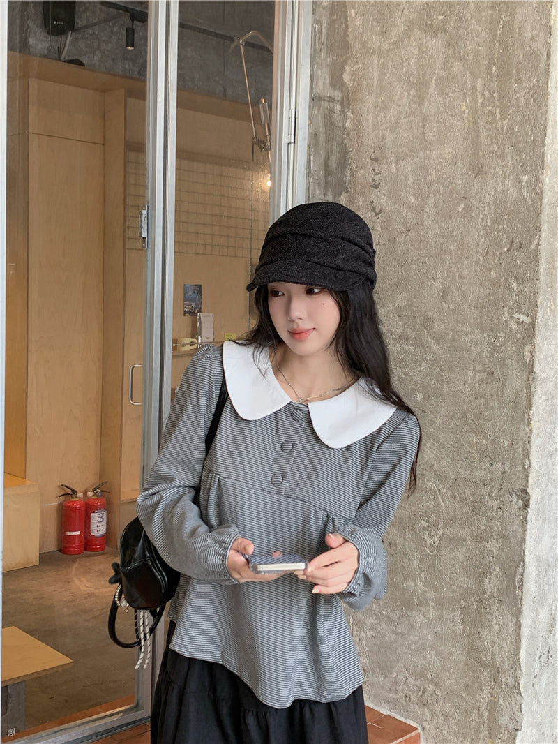 【F60730】甜美撞色・娃娃領套頭上衣260928