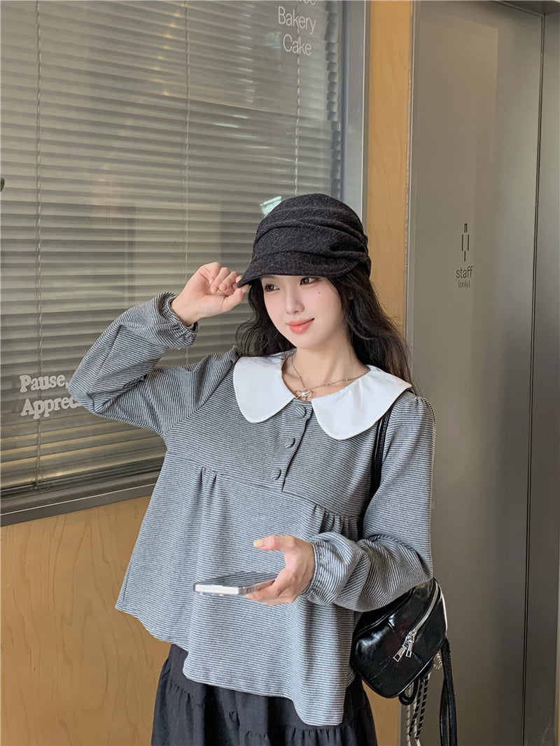 【F60730】甜美撞色・娃娃領套頭上衣260928