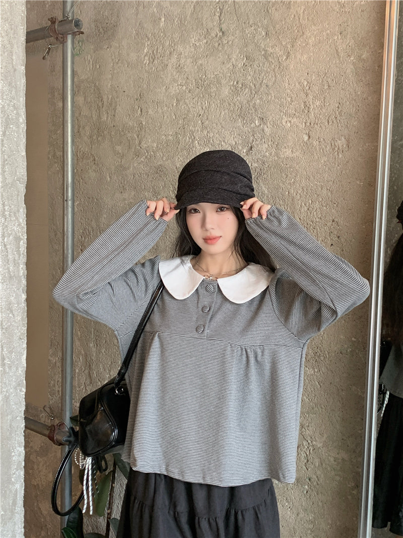【F60730】甜美撞色・娃娃領套頭上衣260928
