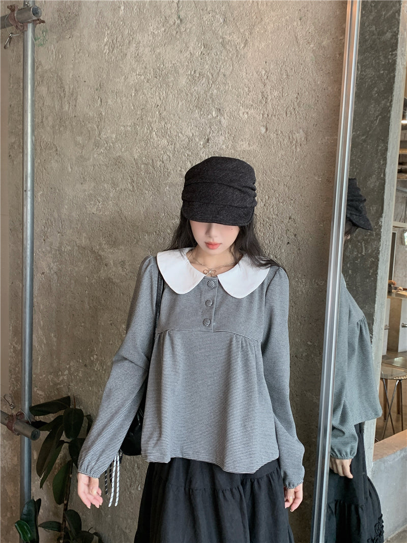 【F60730】甜美撞色・娃娃領套頭上衣260928