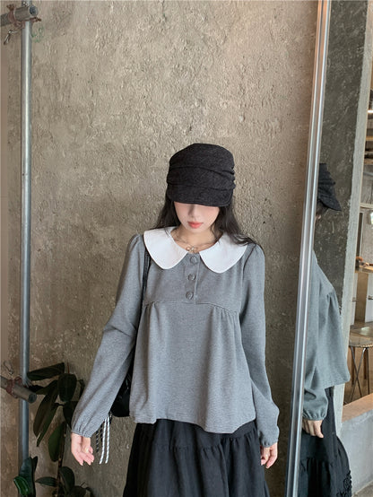 【F60730】甜美撞色・娃娃領套頭上衣260928