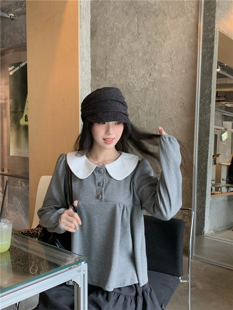 【F60730】甜美撞色・娃娃領套頭上衣260928
