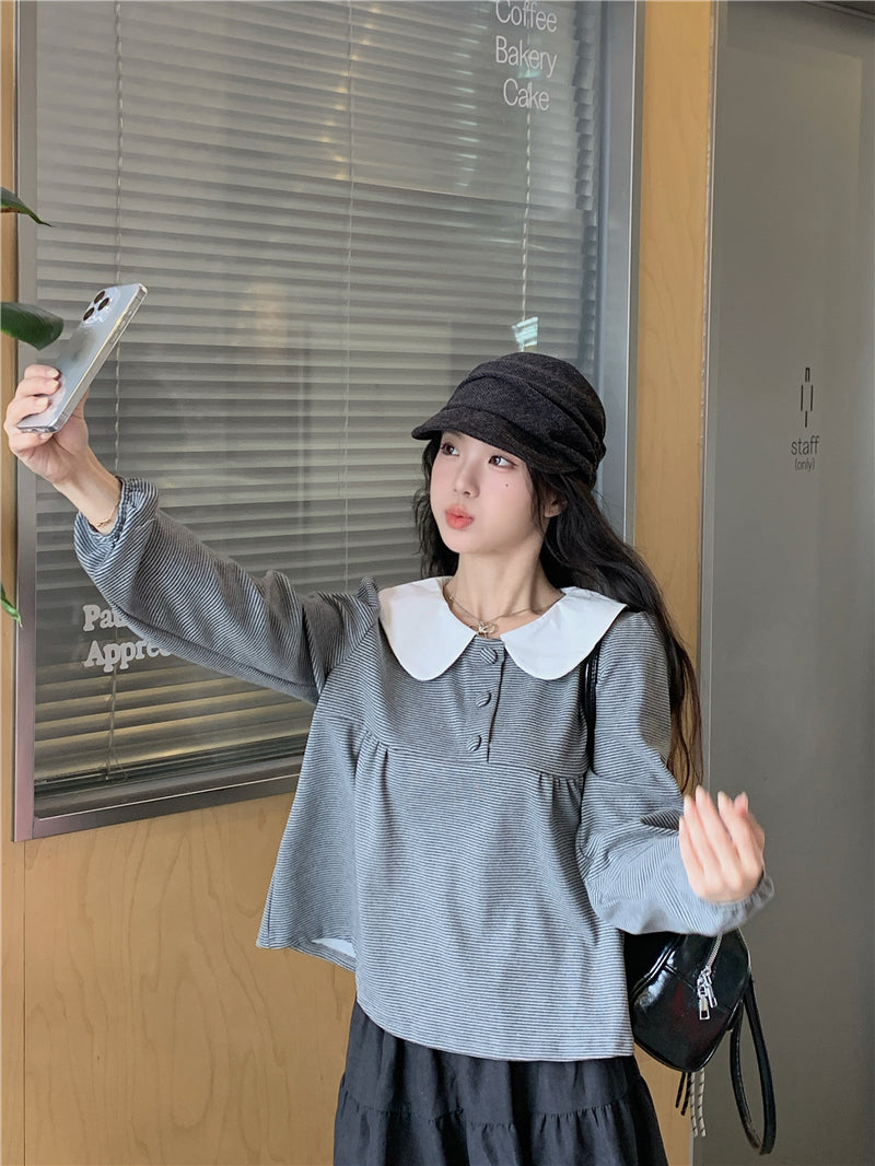 【F60730】甜美撞色・娃娃領套頭上衣260928