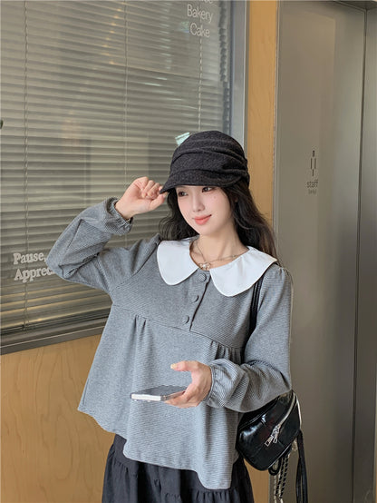 【F60730】甜美撞色・娃娃領套頭上衣260928