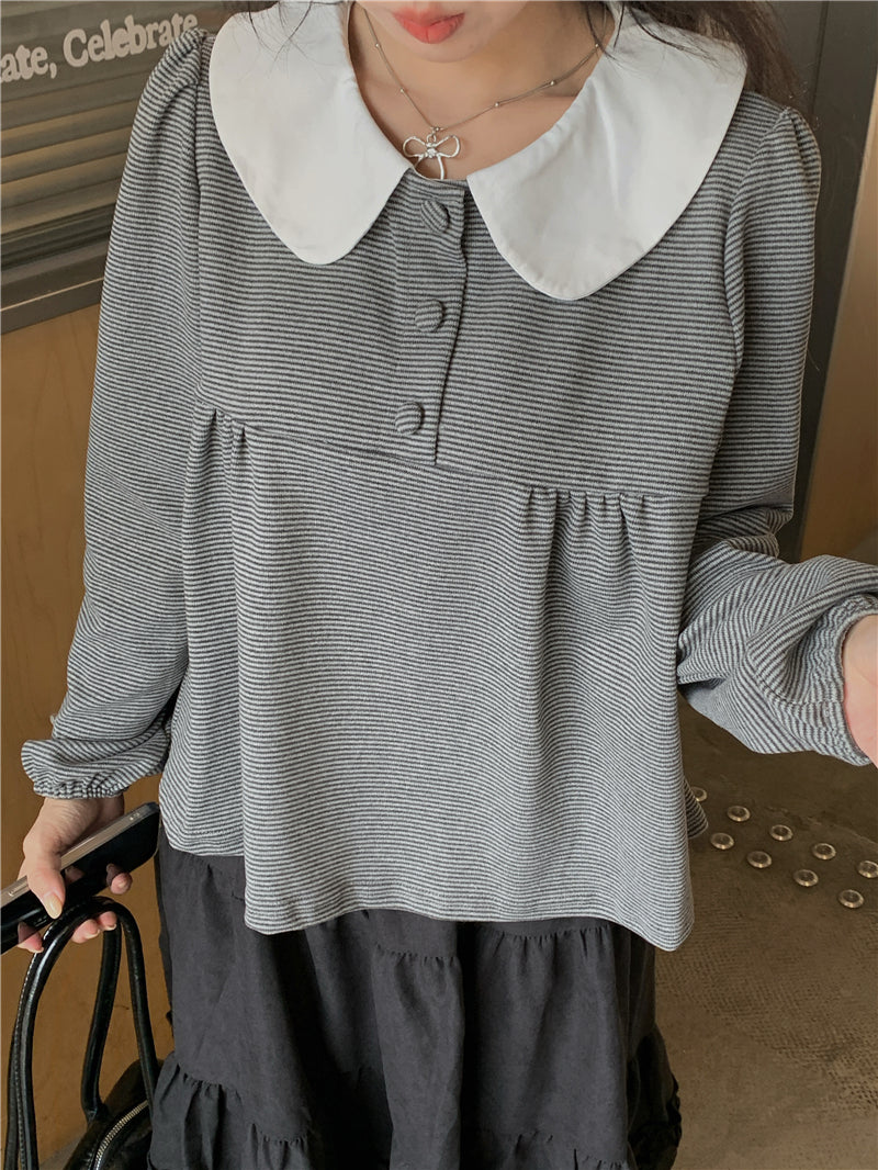 【F60730】甜美撞色・娃娃領套頭上衣260928