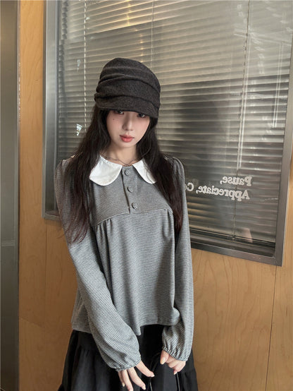 【F60730】甜美撞色・娃娃領套頭上衣260928