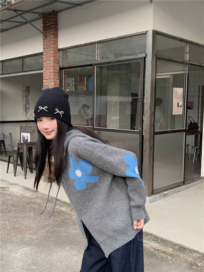 【F60732】復古撞色・花朵雙拉鍊連帽針織小外套260928