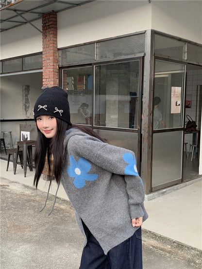 【F60732】復古撞色・花朵雙拉鍊連帽針織小外套260928