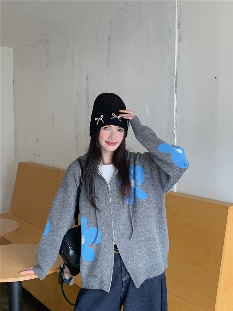 【F60732】復古撞色・花朵雙拉鍊連帽針織小外套260928