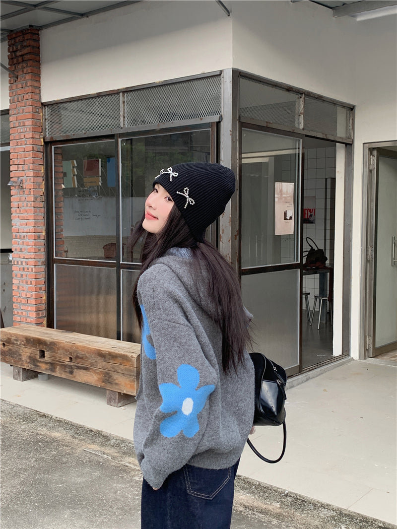 【F60732】復古撞色・花朵雙拉鍊連帽針織小外套260928